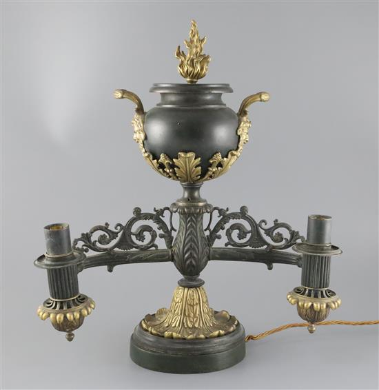 A William IV table top bronze double light Colza lamp, H.17.5in.